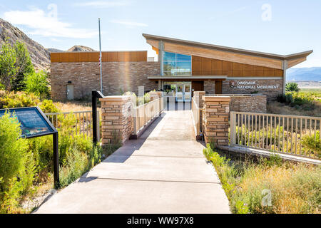 Jensen, USA - July 23, 2019: Quarry visitor center exterior in Dinosaur National Monument Park outside with sign on building in Utah Stock Photo