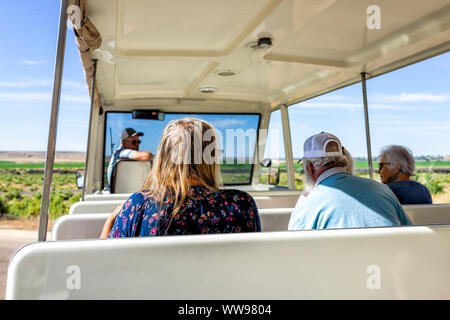 Jensen, USA - July 23, 2019: Outside Quarry visitor center in Dinosaur National Monument Park with people on shuttle to exhibit hall in Utah Stock Photo