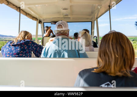 Jensen, USA - July 23, 2019: Quarry visitor center in Dinosaur National Monument Park with people on shuttle to exhibit hall in Utah Stock Photo