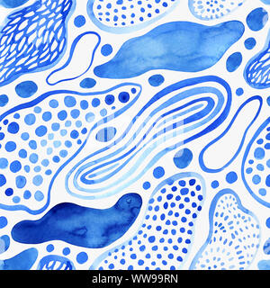 Aqua blue abstract seamless pattern. Watercolor fluid shapes background. Flowing water color drops and bubbles. Hand painted art illustration for mode Stock Photo