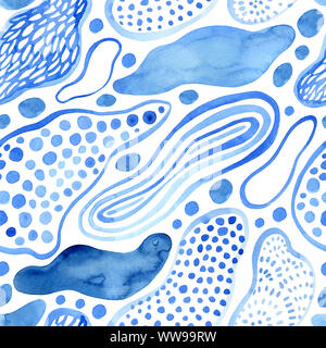 Aqua blue abstract seamless pattern. Watercolor fluid shapes background. Flowing water color drops and bubbles. Hand painted art illustration for mode Stock Photo