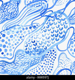 Aqua blue abstract seamless pattern. Watercolor fluid shapes background. Flowing water color drops and bubbles. Hand painted art illustration for mode Stock Photo