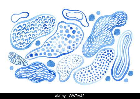 Aqua blue abstract patterns isolated on white background. Watercolor fluid shapes background. Flowing water color ornated drops and bubbles. Hand pain Stock Photo