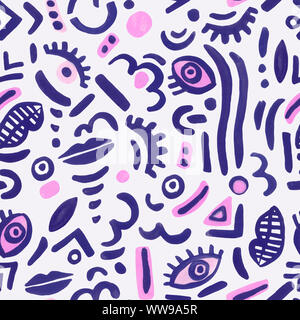 Doodle shapes seamless pattern. Abstract bold funky drawing elements in trendy pop art style. Hand painted watercolor ink background. Art illustration Stock Photo