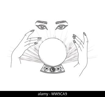 Hand drawn magic crystal ball with eye of providence in hands of fortune teller. Stock Vector
