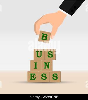 concept of building a Business. Hand is a pyramid of cubes with letters with the word BUSINESS. Stock Vector