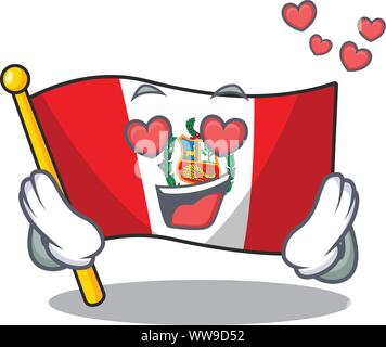 In love peru cartoon flag attached to wall mascot Stock Vector