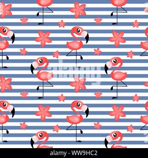 Striped seamless pattern with cute flamingo and plumeria flowers. Exotic background with flora and fauna. Flat vector illustartion. Stock Vector