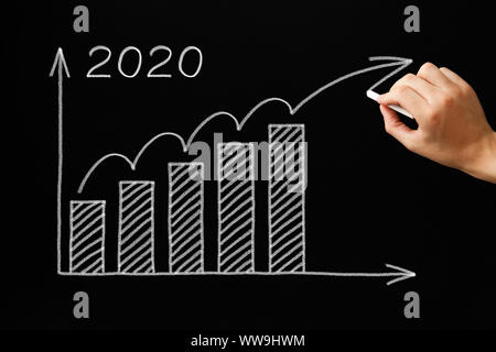 Hand drawing increasing growth graph for year 2020 with chalk on blackboard. Stock Photo