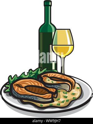 grilled salmon and wine Stock Vector