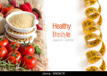 Millet, spelt, yellow peas and vegetables isolated on white Stock Photo