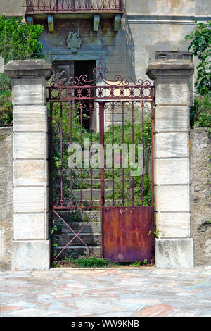 Rusty entrance of a abandoned house with overgrowned stairs Stock Photo