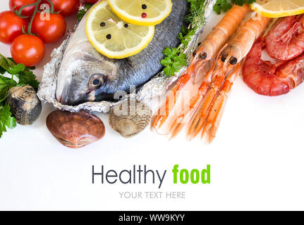 Fresh dorado fish and seafood on a white background Stock Photo