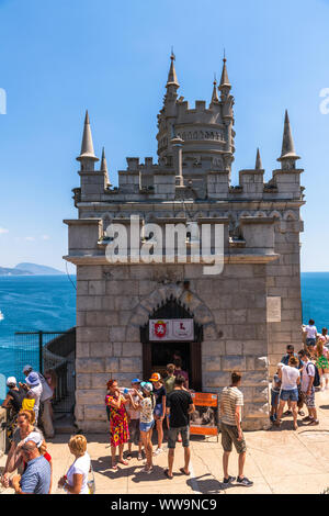 Gaspra, Crimea - July 7. 2019. Castle of Swallows Nest on the Cape Ai-Todor of Black Sea coast Stock Photo
