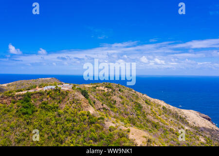 Aerial view of Shirley Heights belvedere on hilltop overlooking the Caribbean Sea, Antigua, Antigua and Barbuda, Caribbean, West Indies Stock Photo