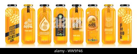 Vector pineapple juice, glass fruit bottle set Stock Vector