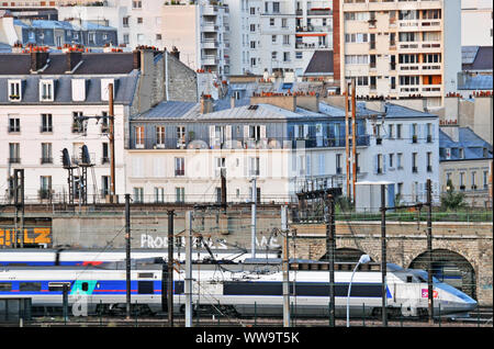 TGV train leaving the Lyon railway station, Paris, France Stock Photo