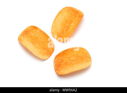 Potato Chips. Three Potato Chips isolated on white Background - top View Stock Photo