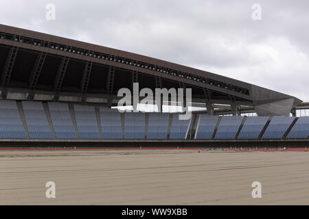 Miyagi, Japan. 14th Sep, 2019. Miyagi Stadium is seen under renovation during a media tour in Miyagi Prefecture. The stadium located in the town of Rifu was damaged by the 2011 Great East Japan Earthquake. A media tour organized by the Tokyo Metropolitan Government in collaboration with local authorities aims to showcase the recovery efforts in Tohoku area affected by the 2011 Great East Japan Earthquake and Tsunami. The stadium is the biggest stadium in the Tohoku area with a capacity of 49,000 people and will host the Tokyo 2020 football games. (Credit Image: © Rodrigo Reyes Marin/ZUMA W Stock Photo
