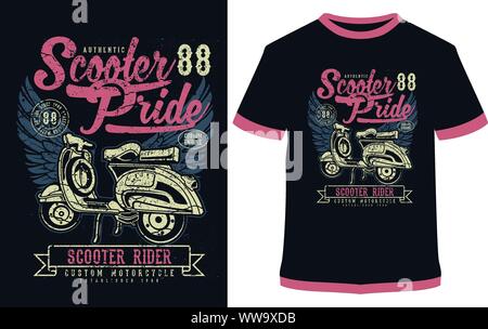 Scooter Racer - Scooter Pride - Vector graphic typographic poster. Vintage motorcycle label, badge, logo, icon or t-shirt Stock Vector