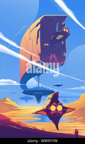 An illustration of a sub-colony on a far-away planet in the universe. Spaceships are docking into or leaving away from the masive station. Human settl Stock Vector