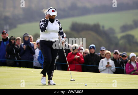 Team USA's Lizette Salas on the 13th green during the Foursomes match on day two of the 2019 Solheim Cup at Gleneagles Golf Club, Auchterarder. Stock Photo