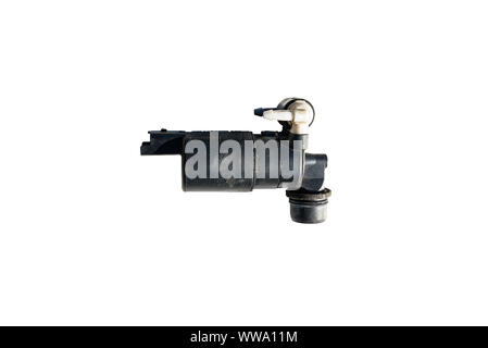 Old plastic windshield washer pump, isolated on a white background with a clipping path. Stock Photo