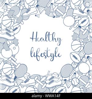 Vector illustration with sports equipment for playing american football, basketball, table tennis, tennis, badminton. Sport Healthy lifestyle. Design Stock Vector