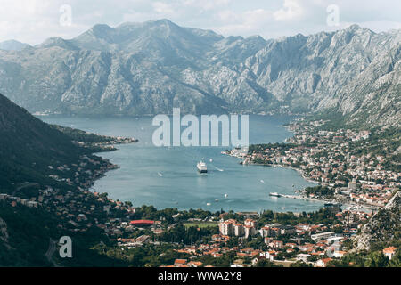 Beautiful view of the Bay of Kotor in Montenegro. Aerial view of the mountains, the sea and the city of Kotor Stock Photo