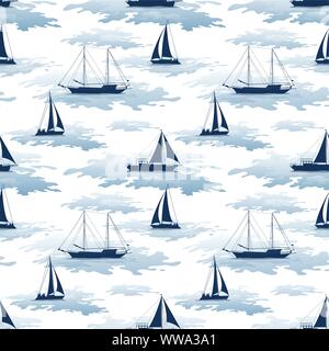 Seamless Pattern, Sailboats Ships and Yachts Silhouettes in the Sea with Symbolical Blue Waves. Vector Stock Vector