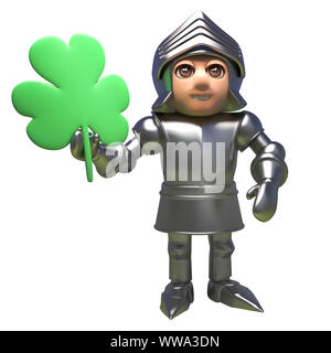 3d medieval knight in shining armour holding a lucky clover, 3d illustration render Stock Photo