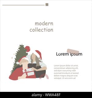 Hand drawn flat design clip art. Holidays concept. Woman give gift to man, christamas and new year. Stock Vector