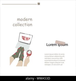 Landing page woman wathing on notebook and take red cup. Holidays and Christmas illustration. Modern vector. on white background Stock Vector