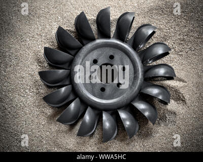 Water turbine on dried sand with out water, useless in drought condition Stock Photo