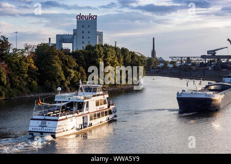 A freighter in the harbor basin of the industrial harbor of Dusseldorf. Stock Photo
