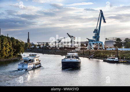 A freighter in the harbor basin of the industrial harbor of Dusseldorf. Stock Photo