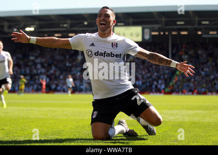 London, UK. 14th Sep, 2019. Anthony Knockaert of Fulham celebrates after scoring his team's first goal. EFL Skybet championship match, Fulham v West Bromwich Albion at Craven Cottage in London on Saturday 14th September 2019. this image may only be used for Editorial purposes. Editorial use only, license required for commercial use. No use in betting, games or a single club/league/player publications . pic by Steffan Bowen/Andrew Orchard sports photography/Alamy Live news Credit: Andrew Orchard sports photography/Alamy Live News Stock Photo