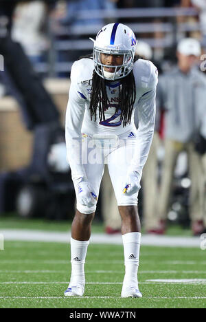 Alumni Stadium. 13th Sep, 2019. MA, USA; Kansas Jayhawks cornerback Corione Harris (2) in action during the NCAA football game between Kansas Jayhawks and Boston College Eagles at Alumni Stadium. Anthony Nesmith/CSM/Alamy Live News Stock Photo