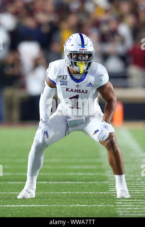 Alumni Stadium. 13th Sep, 2019. MA, USA; Kansas Jayhawks safety Bryce Torneden (1) in action during the NCAA football game between Kansas Jayhawks and Boston College Eagles at Alumni Stadium. Anthony Nesmith/CSM/Alamy Live News Stock Photo