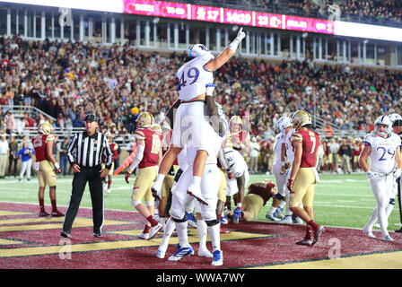 Alumni Stadium. 13th Sep, 2019. MA, USA; Kansas Jayhawks fullback Hudson Hall (49) celebrates during the NCAA football game between Kansas Jayhawks and Boston College Eagles at Alumni Stadium. Anthony Nesmith/CSM/Alamy Live News Stock Photo