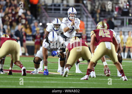 Alumni Stadium. 13th Sep, 2019. MA, USA; Kansas Jayhawks quarterback Carter Stanley (9) in action during the NCAA football game between Kansas Jayhawks and Boston College Eagles at Alumni Stadium. Anthony Nesmith/CSM/Alamy Live News Stock Photo