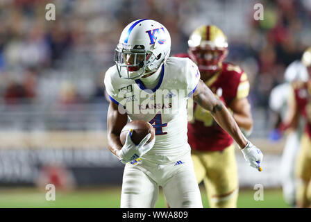 Alumni Stadium. 13th Sep, 2019. MA, USA; Kansas Jayhawks wide receiver Andrew Parchment (4) runs with the ball during the NCAA football game between Kansas Jayhawks and Boston College Eagles at Alumni Stadium. Anthony Nesmith/CSM/Alamy Live News Stock Photo