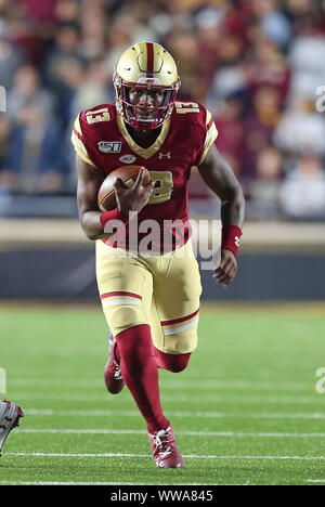 Alumni Stadium. 13th Sep, 2019. MA, USA; Boston College Eagles quarterback Anthony Brown (13) runs with the ball during the NCAA football game between Kansas Jayhawks and Boston College Eagles at Alumni Stadium. Anthony Nesmith/CSM/Alamy Live News Stock Photo