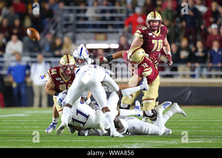 Alumni Stadium. 13th Sep, 2019. MA, USA; General view of a fumbled ball during the NCAA football game between Kansas Jayhawks and Boston College Eagles at Alumni Stadium. Anthony Nesmith/CSM/Alamy Live News Stock Photo