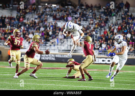 Alumni Stadium. 13th Sep, 2019. MA, USA; Kansas Jayhawks quarterback Carter Stanley (9) goes airborne during the NCAA football game between Kansas Jayhawks and Boston College Eagles at Alumni Stadium. Anthony Nesmith/CSM/Alamy Live News Stock Photo