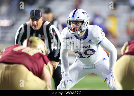 Alumni Stadium. 13th Sep, 2019. MA, USA; Kansas Jayhawks linebacker Gavin Potter (19) in action during the NCAA football game between Kansas Jayhawks and Boston College Eagles at Alumni Stadium. Anthony Nesmith/CSM/Alamy Live News Stock Photo