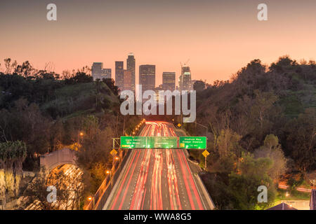 Los Angeles, California, USA skyline and highway at dusk. Stock Photo