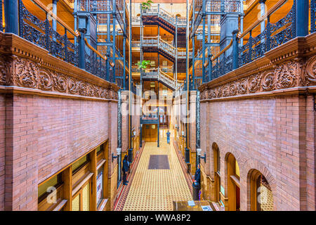 LOS ANGELES - FEBRUARY 29, 2016: The Bradbury Building in Los Angeles. The historic building is featured prominently as a setting in films, television Stock Photo
