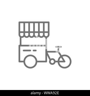 Tricycle with street fridge, hot dog bicycle line icon. Stock Vector