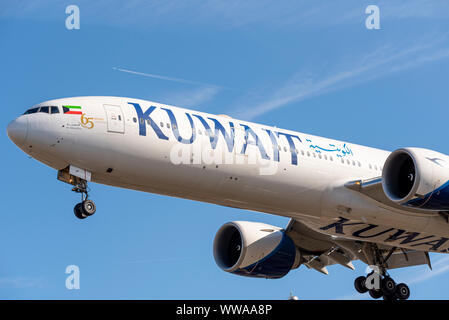 Kuwait Airways Boeing 777 jet airliner plane 9K-AOF landing at London Heathrow Airport in Hounslow, London, UK. 65th anniversary scheme Stock Photo